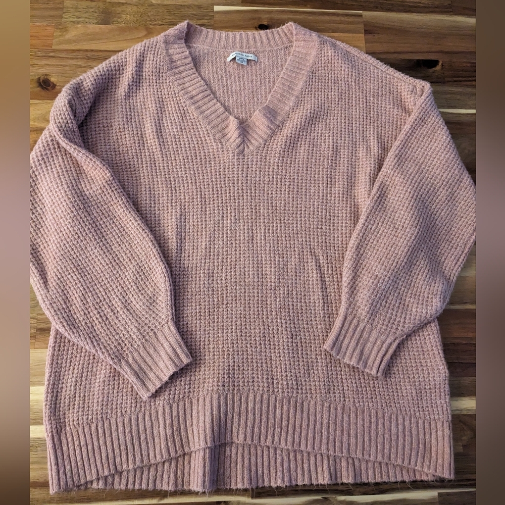 American Eagle Outfitters pink waffle v-neck sweater
